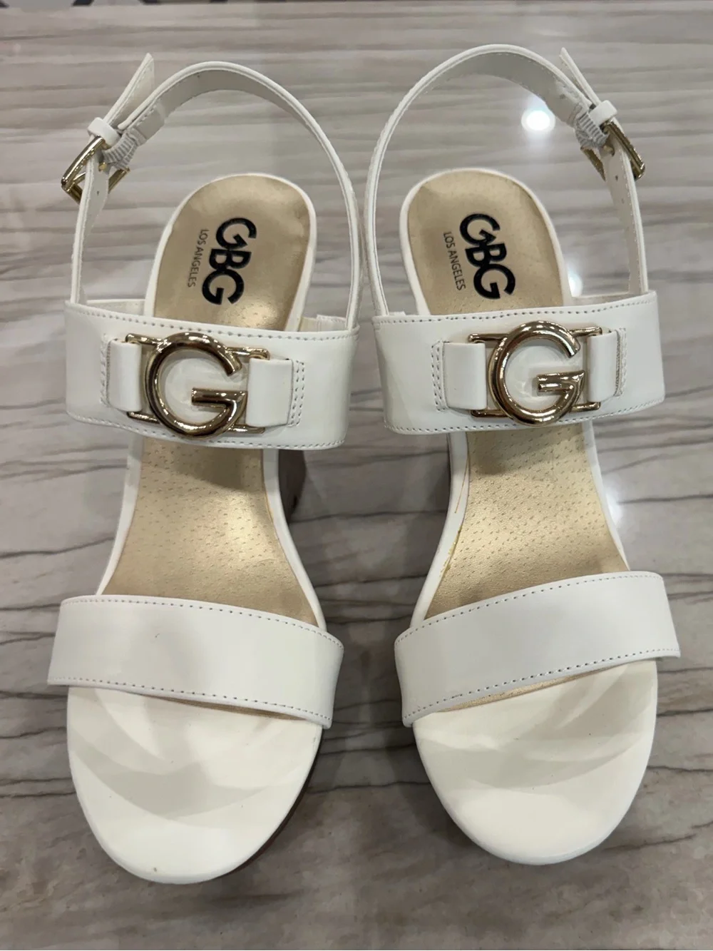 GBG Los Angeles White Leather Gold G-Logo Block Heel Sandals
